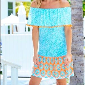 Cabana Life Aqua Citrus Off the Shoulder Pom Pom Dress Medium
